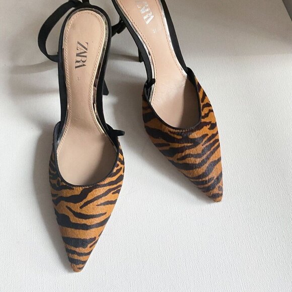 Zara Tiger Stripe Print Ankle Strap Pointy Toe Heels 37 - Picture 11 of 12